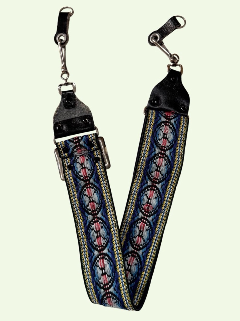 Vintage 70s Woven Hippie Tapestry Camera Strap with Leather Details Metal Retro